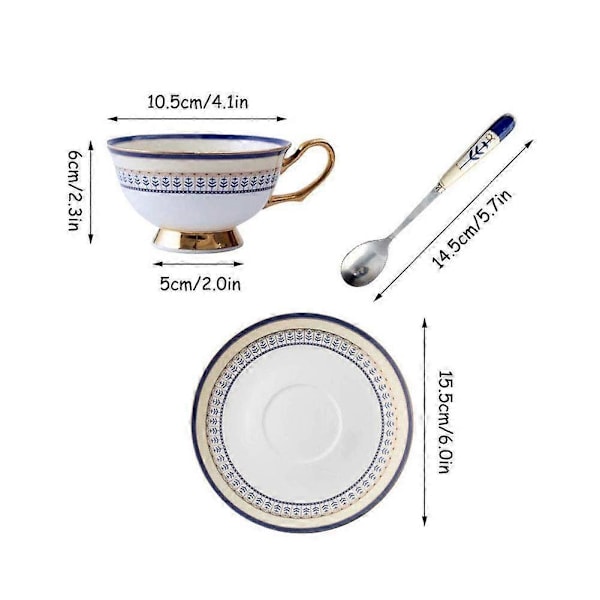 Utsökt Kungligt Blå Tekopp och Fat Set med Sked - 7.0Oz/200Ml, Phnom Penh Design, Porslin, Bästa Presenten till Vänner