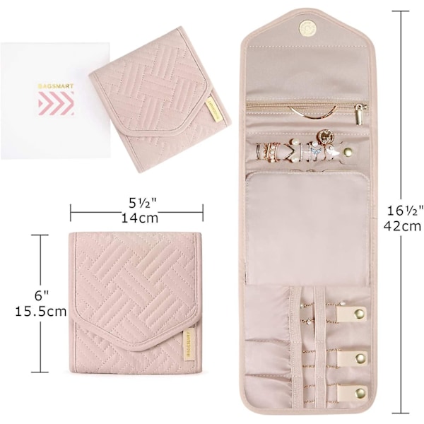 Rejse Smykke Organizer Etui til Rejse Ringe, Halskæder, Øreringe, Armbånd, Mini, Blød Rose Foldbar Smykkerulle