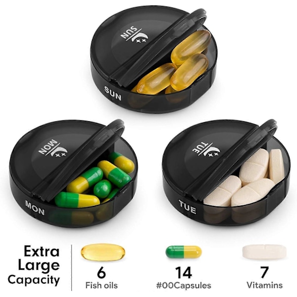 Veckopillerbox Organiserare 2 Gånger Om Dagen, Rese-pilleraskar för 7 Dagar, Portabel Tablettorganiserare med Stora Fack (Svart)