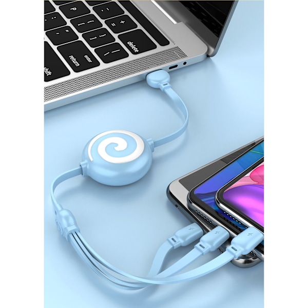 3 i 1 USB-laddningskabel Lollipop-form Sträckbar Snabbladdningstelefonkabel för IOS för Android för Huawei Sky Blue