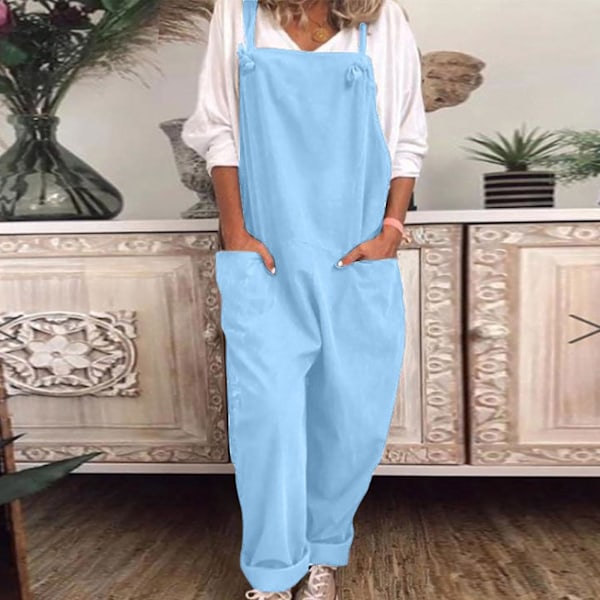 Casual løs bomulds- og linned-jumpsuit til kvinder S lyseblå