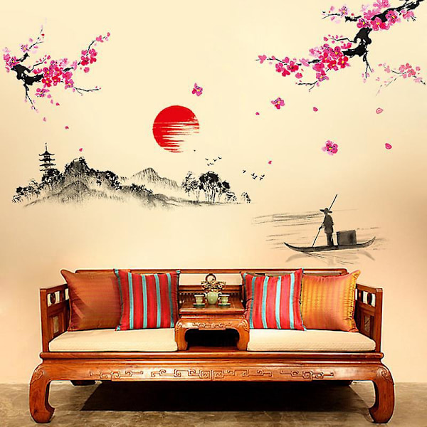 1st Japansk Stil Stänk Bläck Landskapsmålning Väggdekal Avtagbar Berg Flod Fiskare Mural för Heminredning