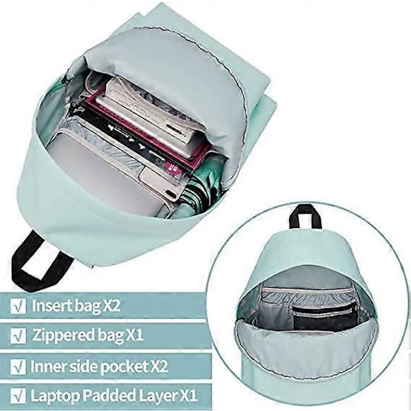 Lättviktig Ryggsäck Vardagsryggsäck Skolväska för Flickor Pojkar Män och Kvinnor passar 15.6 tums Laptop (Mintgrön)