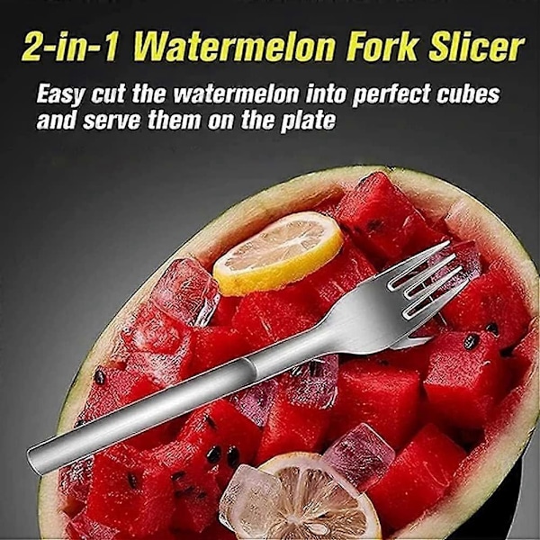 2 i 1 Vannmelonkutter og -deler - Fruktkuttgaffel i rustfritt stål Melon Cube Cutting Tool for kjøkkenutstyr