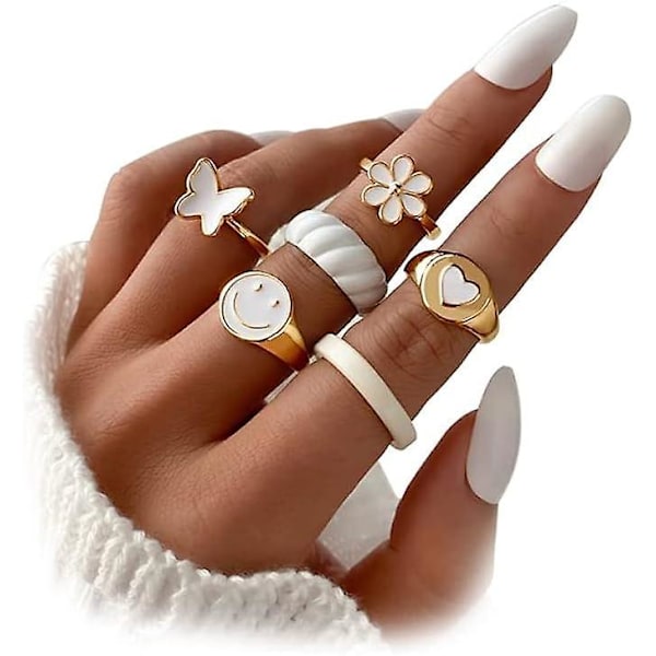 Søte Ringer Estetiske Ringer for Jenter Kvinner Y2K Preppy Smykker Stablebare Ledd Fingerringer for Tenåringsjenter Gull Hvit Rosa Grønne Ringer