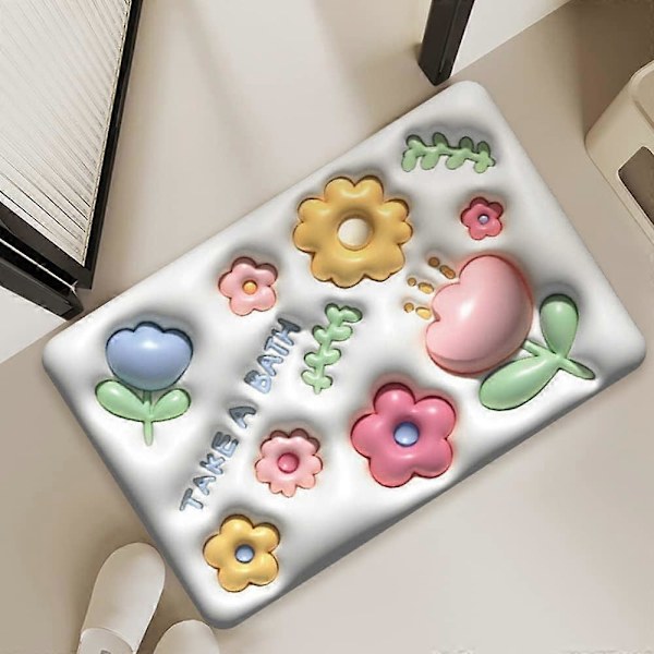 Blomstermønstret skridsikker bademåtte 40 x 60 cm, badeværelsesmåtte, skridsikker måtte, diatoméjord bademåtte, 3D vision gulvmåtte til brusebad, badekar og toiletsæt A