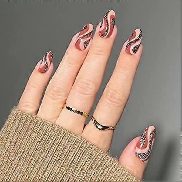 24 st Press on Nails, Utsökta Bruna Vågor Lösnaglar Medium Längd Nagel Lim på Naglar Mandelformade Naglar Stick on med Naglar Full Cover Akryl fo