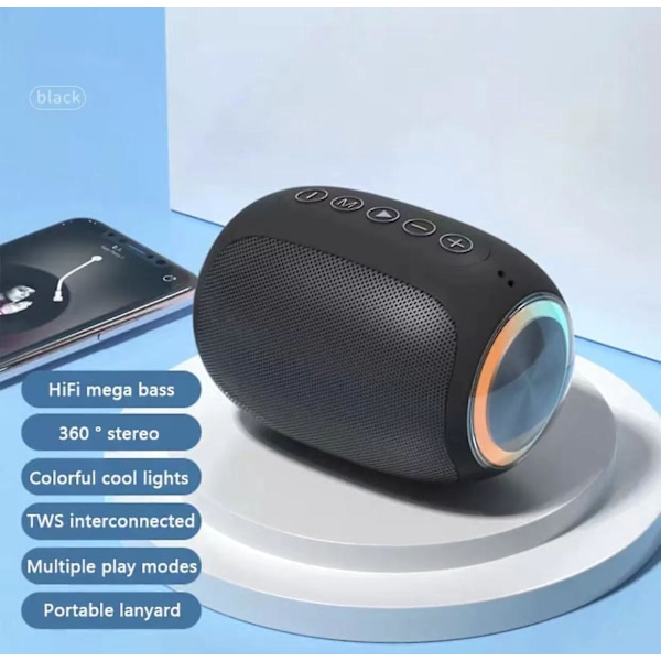 Portabel Bluetooth-högtalare med kraftfull subwoofer och belysning, vattentät och lång speltid