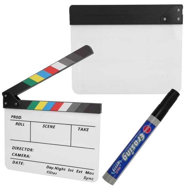 Akryl Regissør Scene Clapperboard TV Film Action Board Film Cut Prop med penn (farge/hvit)