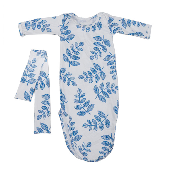Baby Knotted Nightgown Pustende Myk Komfortabel Spedbarnssovepose med Hårbånd Blå Linje Blad