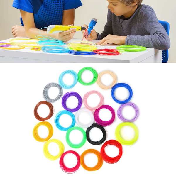 20 ruller 3D Pen Filament PLA 10,9yd Længde Assorterede Farver Udjævning Sikker 3D Pen Filament Refills til udskiftning
