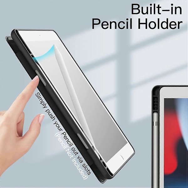 Sort Etui til iPad 10.2 tommer (9./8./7. generation, 2021/2020/2019) med Blyantholder, Slankt Gennemsigtigt Bagcover Stødsikkert Stativ Tablet