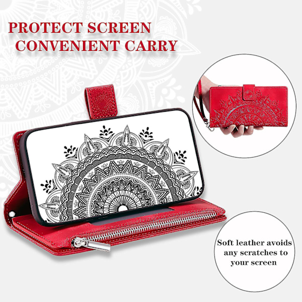Til Samsung Galaxy A54 5G PU Læder Mandala Blomst Præget Håndtaske Lynlåslomme Etui Stativ Flere Kortpladser Flip Cover med Rem - B6 Rød