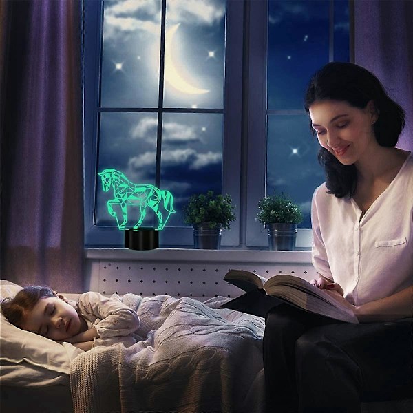 3D Optisk Illusionslampe LED Natlampe til Børn, 3D Hestelampe 7 Farver Skiftende Touch Sengelampe Soveværelse Deco Hestelampe med USB-kabel