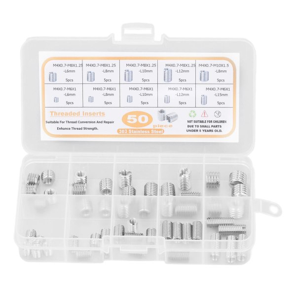 50 stk gjengede innsatser 303 rustfritt stål gjengeinnsats sortimentsett med oppbevaringsboks sølv