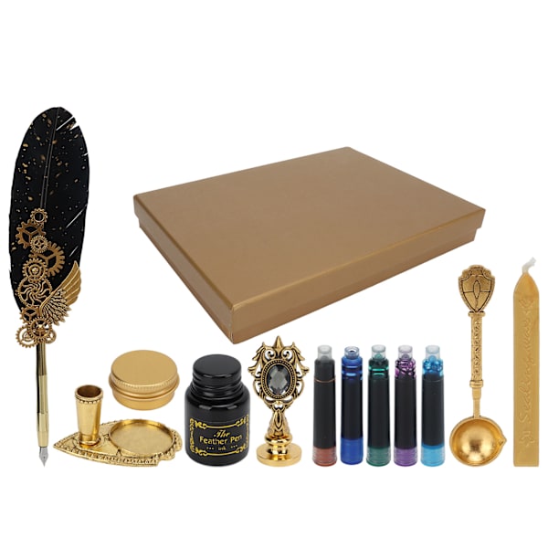 Fjærpenn Business Fire Lacquer Stamp Europeisk Retro Stil Sprinklet Gull Fjær Rustfritt Stål Dip Pen Set med Blekkpose Svart