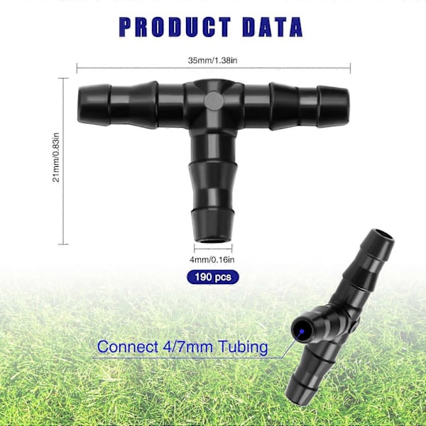 (190 kpl) 4/7 mm muovinen T-liitin letkulle, piikikäs T-liitin puutarhan kasteluletkulle