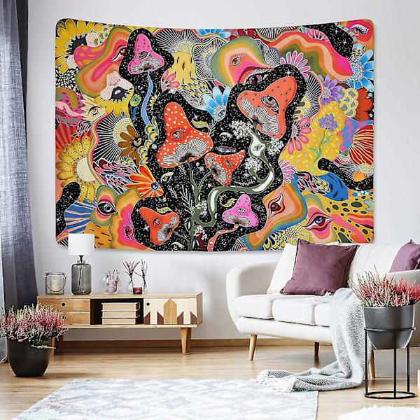 Psykedeelinen sieni- ja kukkakuvio - värikäs Trippy seinäteline (200x150cm)