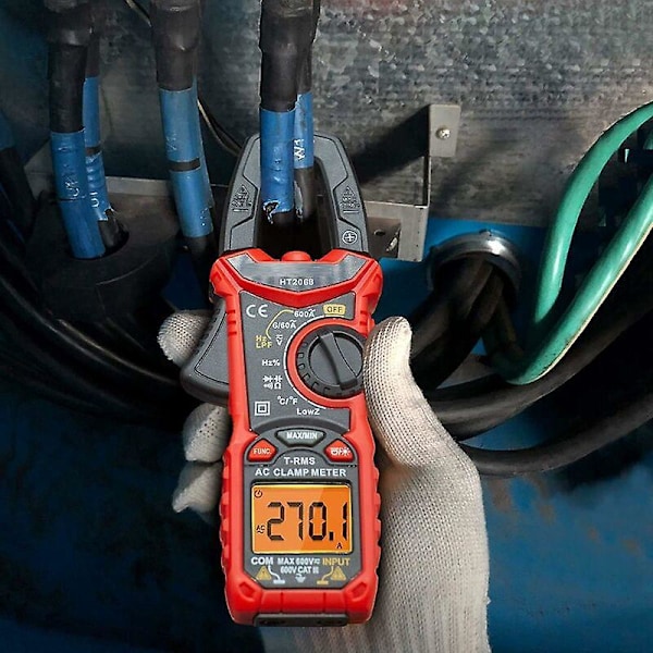 Amperemeterklemme, 6000-tællers TRMS automatisk klemmetang multimeter, AC strøm/AC DC spændingsmåling/temperatur/modstand/kapacitans/diode/kontinuitet/d