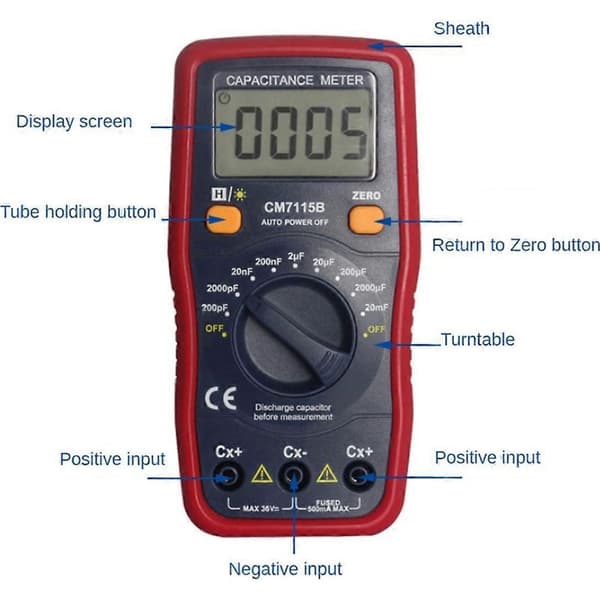 CM7115B yleismittarin kapasitanssimittari LCD-näytöllä - mittaustyökalu