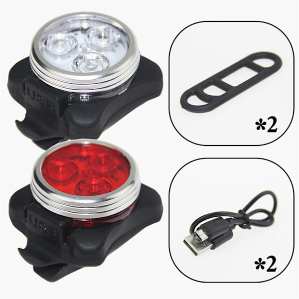 2 stk regntett USB oppladbart sykkellyssett Super Bright Frontlykt + Bak LED Lys