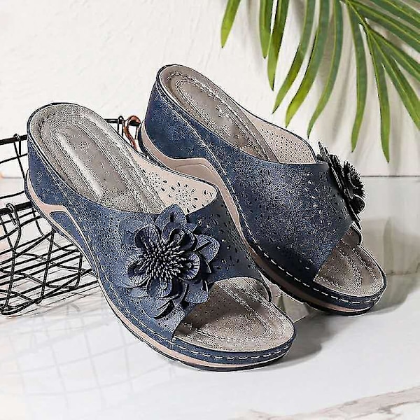 Women's Hollow Wedge Flower Sandals with Orthopedic Arch Support38 Blue