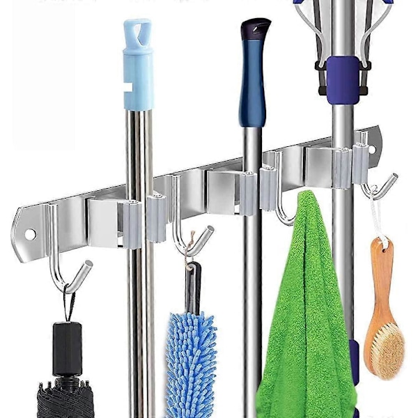 Vægmonteret kosteholder, vægmonteret kosteskab i rustfrit stål, moppeorganisator til opbevaring, kraftig værktøjsholder med 3 clips og 4 kroge