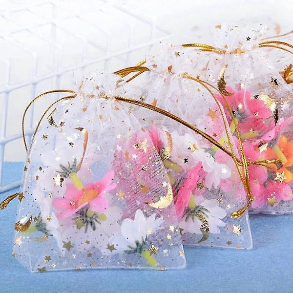 100 stk. Organzaposer (9 * 12 cm) Sukkerposer Smykkeposer Slikposer Stjerne Måne Mønster Varmt Tryk til Fest Bryllup Slik Chokolade Jul Fødselsdag