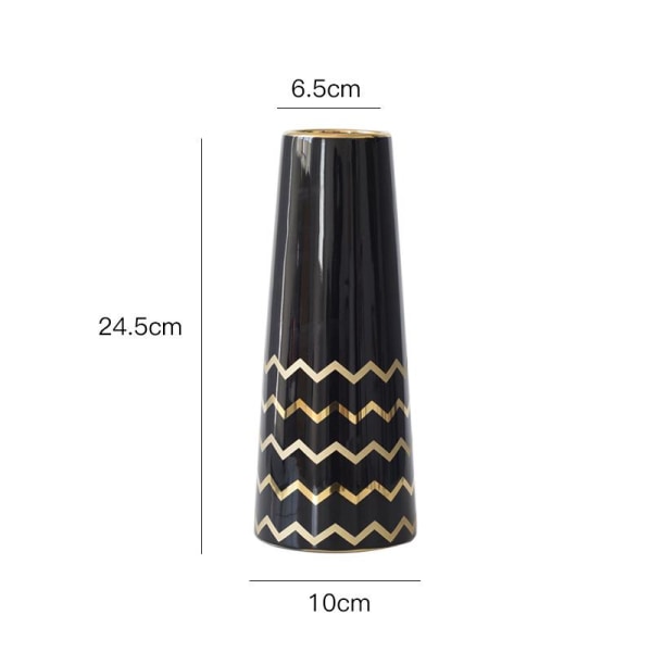24,5 cm blomstervase keramisk svart gull dekorativt design