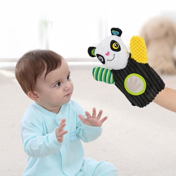 Cartoon Animal Puppet med Ring Rattles och Distorting Mirror för Storytelling Teaching Rollspel Förskola