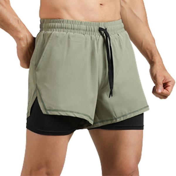 Double Layer Men's Sport Shorts with Zip Pocket for Breathable Quick Drying Workout Cycling L Green