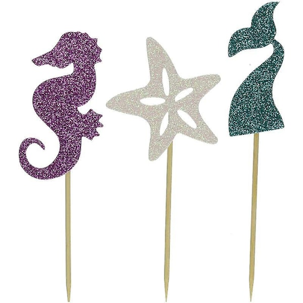 24 st Glitter Tema Cupcake Topper Tårtdekorationer för Baby Shower Födelsedagsfest Favörer, Sjöjungfrusvans, Sjöhäst