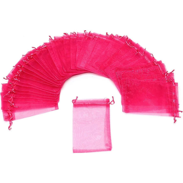 100 stk. Organza Poser 4x6 Tommer, Hot Rose Små Smykkeposer Snøring Mesh Gaveposer Bryllupsfest Favor Julegodteposer