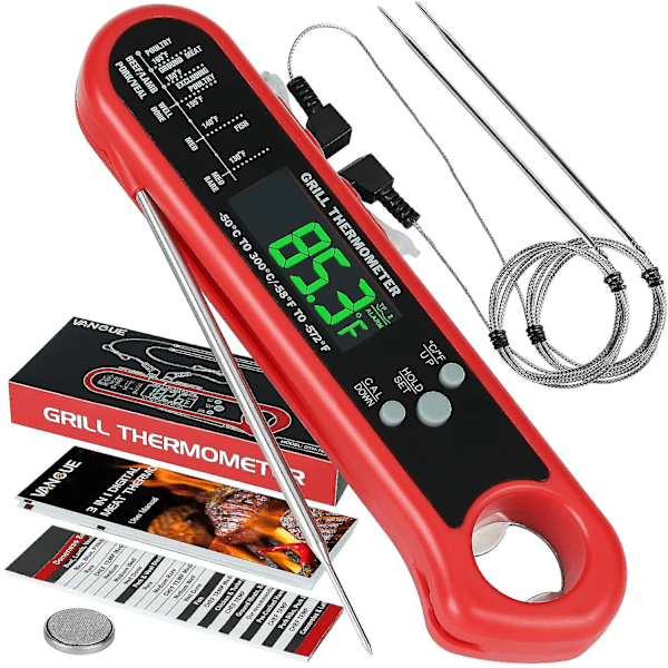 Digital kötttermometer med 2 löstagbara sonder - omedelbar avläsning, kalibrering, larmfunktion, LCD-bakgrundsbelysning - perfekt för grillning