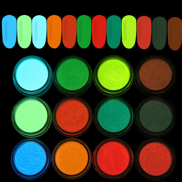 12 färger självlysande nagelpulver Fluorescenspigment Färgglatt glitter Glödande set för manikyr