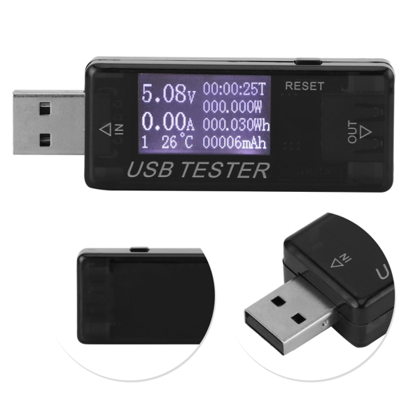 Testare Digital USB Spänningsströmmätare Voltmeter 8-i-1-detektor 0‑5A 0‑150W 4‑30Vsvart