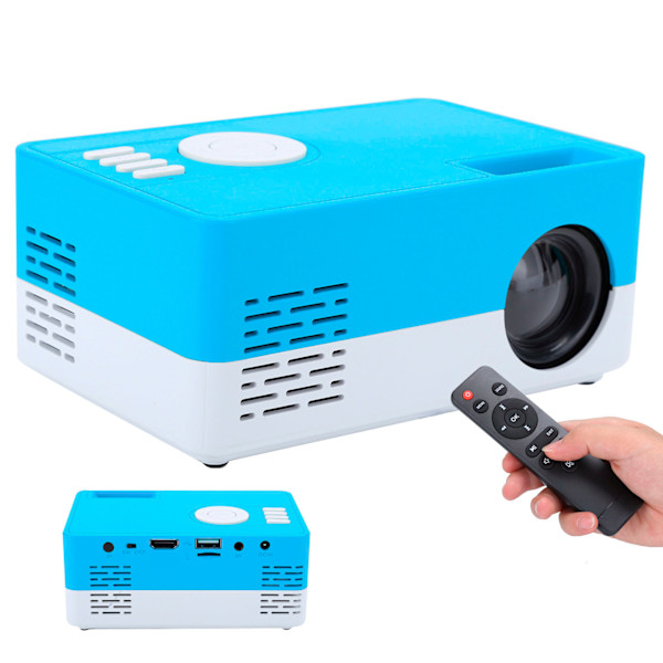 Mini bærbar projektor LED hjemmekino videomediespiller projektor med stativ 100‑240V hvit blå EU-plugg