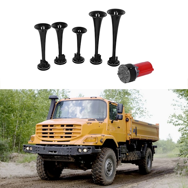 12V Universal 5 Luft Horn Kompressor Høj Musikalsk Lyd Trompet Kit til Bil Lastbil Båd (Sort)