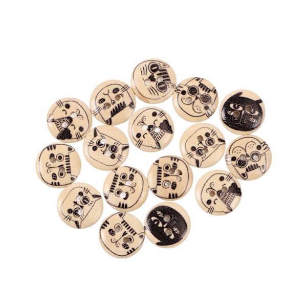 500 st träknappar 2 hål runda dekorativa tecknade print Diverse träknappar för barn Klädväska Hantverk 15 mm Originalfärg Black Line Cat