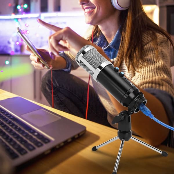 Kondensatormikrofon Stabil USB Desktop Stativ MIC Høj Følsomhed Justerbar Vinkel til PC Sølv