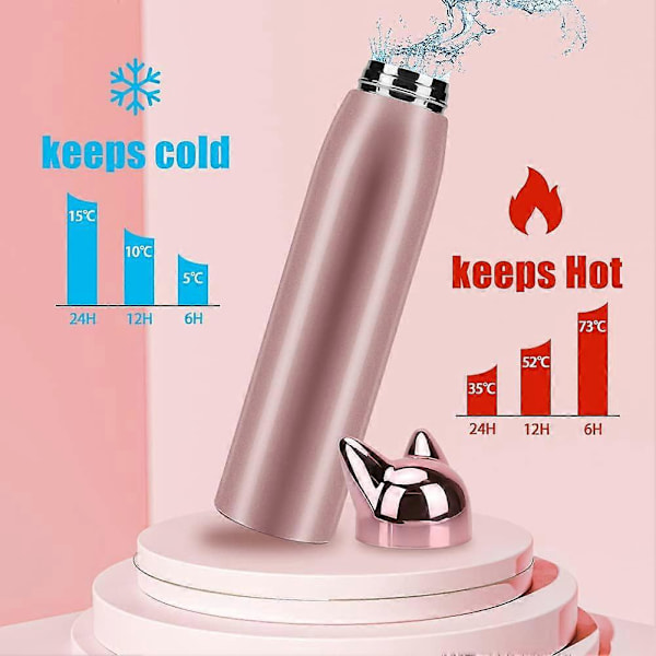 Söt Katt Vattenflaska, Rostfritt Stål Isolerad Vattenflaska Termos Vakuum Rese Kaffemugg, 320 ml/10.8 oz (Rosa)