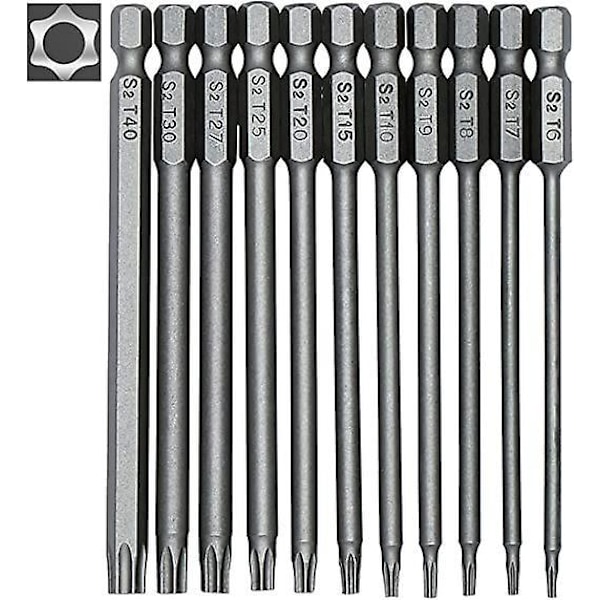 11 pitkän Torx-kärjen sarja ruuvimeisseleille ja sähköruuvimeisseleille - 1/4\" kuusiovarsi - Koot T6 - T40 - Pituus 100 mm