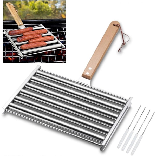 9,5 tommer lang hotdogrulle til grill Rustfrit stål pølserulle med træhåndtag og 4 hotdogpinde -GSL zd G