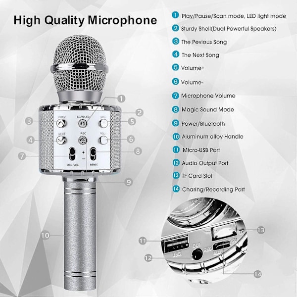Bluetooth 4 in 1 Karaoke Langaton Mikrofoni LED-valoilla, Kannettava Mikrofoni Lapsille, Tytöille