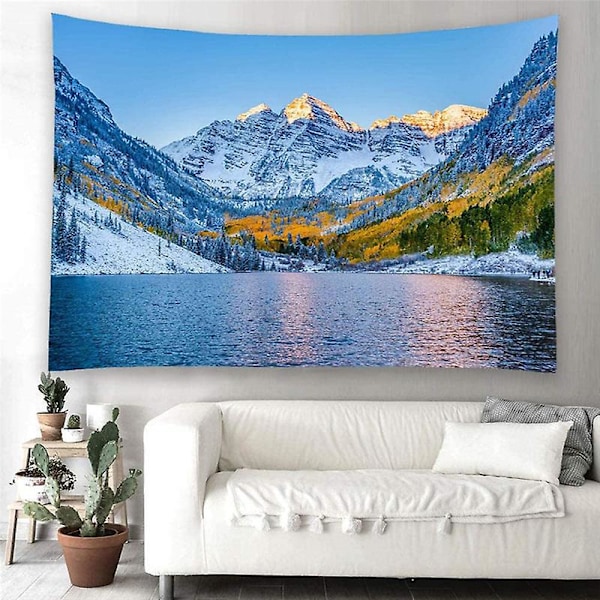 1 stk veggteppe, veggdekor, skog snødekte fjell elv mønster, veggdekorasjon for soverom stue, kontor, 200 x 150cm