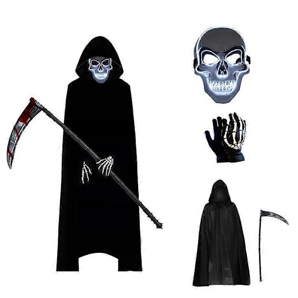 Halloween Kostume, Grim Reaper Halloween Sæt med Død Sense, Skelet Maske og Skelet Handsker, Sort Hætteklædt Kappe Unisex Halloween Kostume Karneval