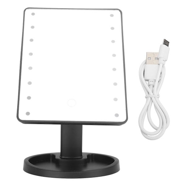 LED-sminkningsspegel, rektangulär, 16 pärlor, USB-uppladdningsbar, vinkeljusterbar, bärbar resespegel, svart PP