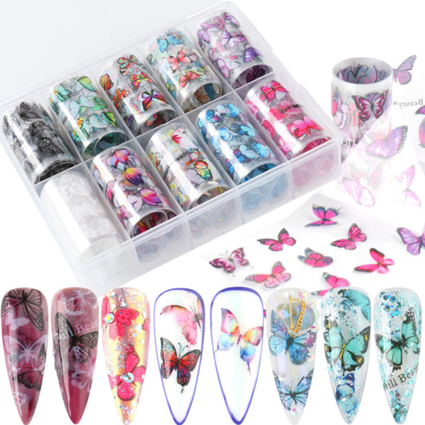 10 rullar Nail Foil Transfer Sticker Butterfly Nail Foils Nail Art Stickers DIY Nageldekoration