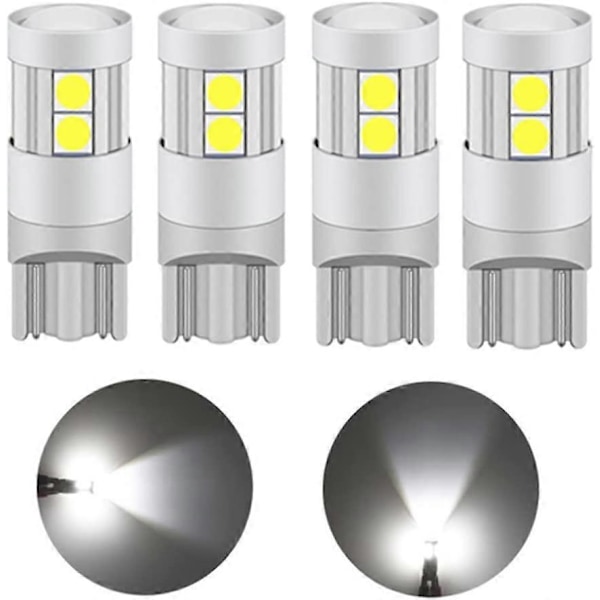 T10-3030-9SMD2.4W LED-pære, 12V 24V Hvit 6000K, med projeksjonslinse (4 stk)