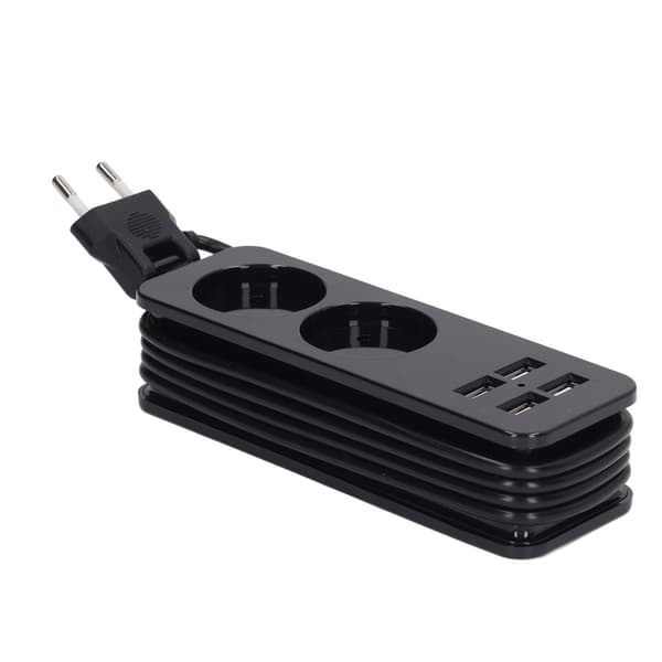 1200W 10A strømskinne 2 runde stik 4 USB-porte strømstik til telefon bærbar computer EU-stik 250V sort